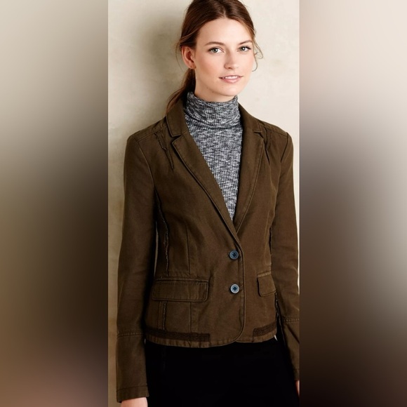 Anthropologie Hei Hei Olive Green Cotton Blazer | Houndstooth Back | Size 8P - Picture 9 of 12